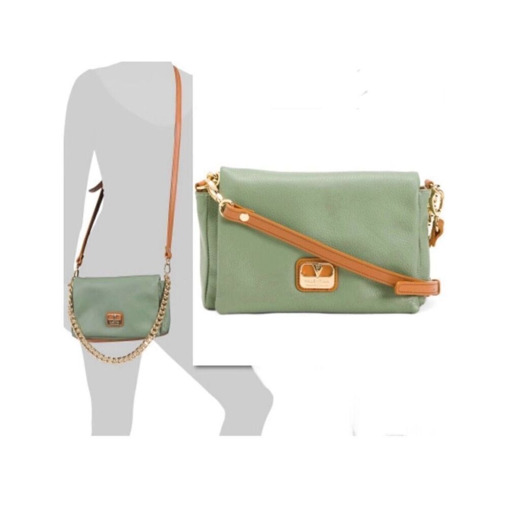 NWT VALENTINA Green Dual Flap Italian Leather W/ Chain Strap Crossbody Dual Bag